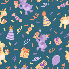 Cute colorful party birthday animal pattern. Rhino and giraffe on blue background. Hand-drawn vector illustration in flat style.