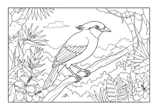 Detailed Bali Myna Bird Coloring Page in Lush Tropical Setting A