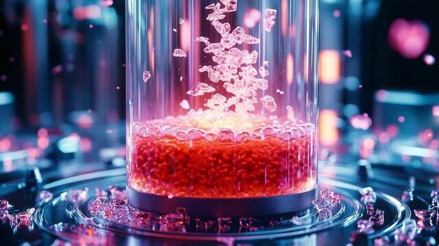 Close-up of PET plastic flakes dissolving inside a glowing bioreactor as plastic-eating enzymes trigger a vibrant chemical reaction. Pink neon lab lighting adds a futuristic sci-tech ambiance