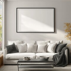 Empty frame on wall above white couch