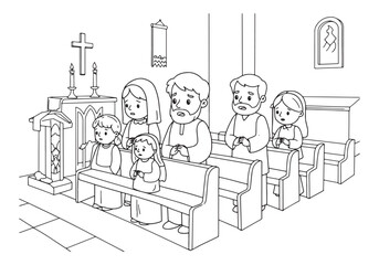 Black and White Line Art Illustration of Family Praying in Churc