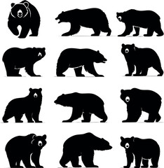 Collection of Bear Silhouettes in Various Poses on a White Background