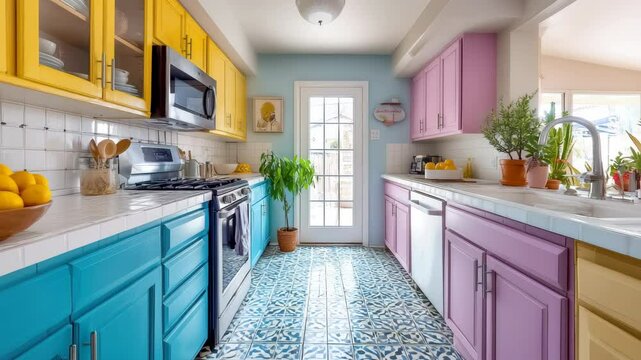 Colorful kitchen with blue, yellow, and purple cabinets, patterned tile floor, and white countertops, featuring potted plants and natural sunlight, creates cheerful, vibrant, and inviting atmosphere