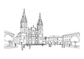 Naklejka premium Architectural marvel, A striking cathedral in continuous line ar