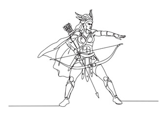 Continuous Line Art of a Powerful Female Amazon Warrior with Bow