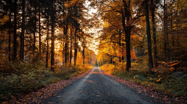 Tranquil forest road surrounded by vibrant autumn trees, showcasing warm colors of orange and yellow. scene evokes sense of peace and natural beauty, inviting exploration