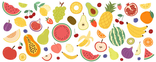 Big set of fruits and berries on a white background. A set of cute fruits simple colorful, flat hand drawn childish doodle style