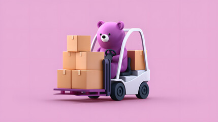 A cute purple teddy bear drives a forklift carrying stacked boxes against a pastel pink background.