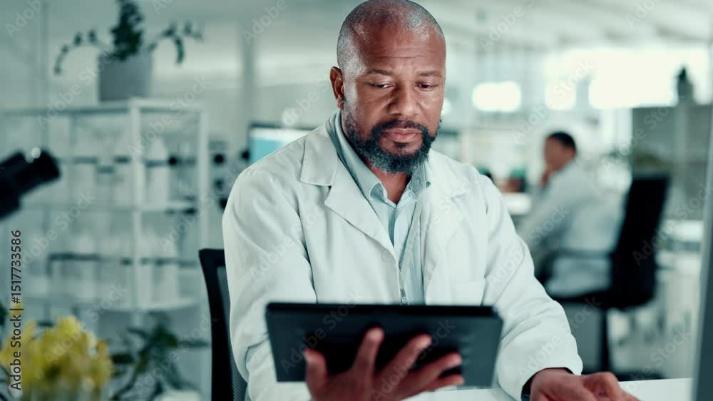 Poster man, scientist and reading with tablet in lab for medical research, plant experiment and report. per