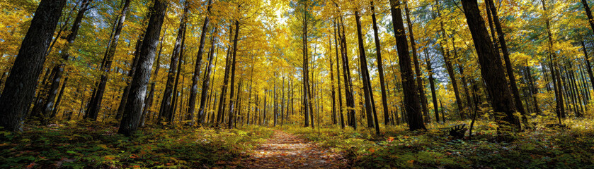Obraz premium Serene forest trail surrounded by tall trees with vibrant yellow leaves, creating peaceful atmosphere perfect for nature hike. ground is covered with fallen leaves, enhancing tranquil experience