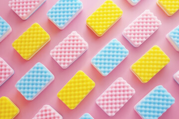 colorful cleaning dish sponges pattern isolated on pink background . background of different sponges in pastel color
