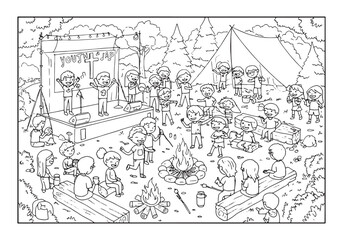 Black and White Illustration of Youth Camp Activities in the For