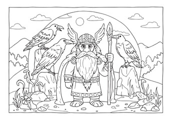 Fototapeta premium Detailed coloring page illustration of Odin with his ravens in b