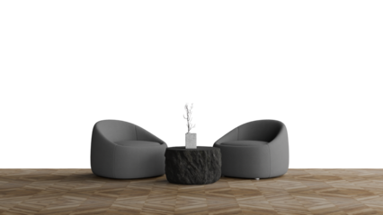 a living room with two chairs and a table