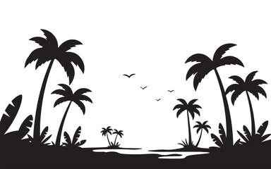 Tropical Beach Silhouette with Palm Trees and Birds Vector Illustration