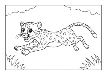 Cheetah on the Hunt, A playful coloring book page illustration f