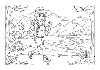 Coloring page of a joyful woman hiking in the mountains with bac