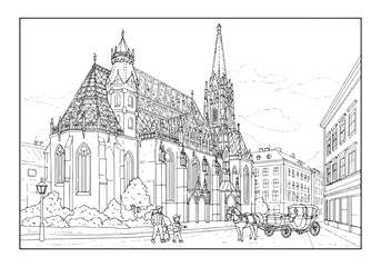 A Black and White coloring book page of St Stephens Cathedral Vi