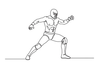 Naklejka premium Continuous line drawing of a male luchador in wrestling pose, bl