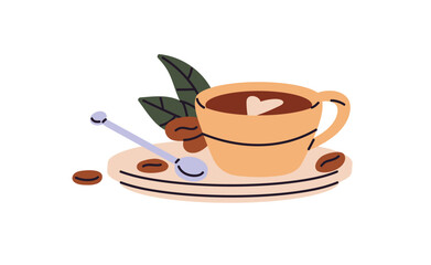 Cup of coffee with milk on saucer with teaspoon and coffe beans. Mug of drink is decorated with latte art in coffeehouse. Cream cofee, beverage. Flat isolated vector illustration on white background