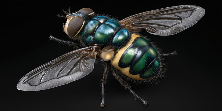 The Majestic Fly: A close-up macro shot of a striking fly, exhibiting an impressive iridescent body and delicate wings. - Powered by Adobe