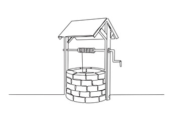 Minimalist line art of a water well structure on a white backgro
