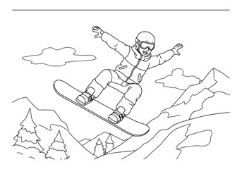 Fototapeta premium Male snowboarder carving through mountain snow, vintage line art