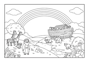Fototapeta premium Noah's Ark Coloring Page with Rainbow and Animals Illustration