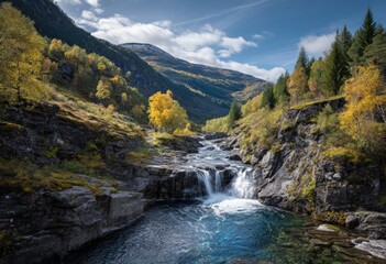 Autumn Waterfall in Mountain Valley