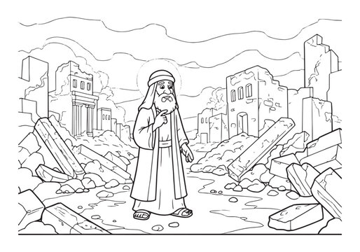 Detailed Zephaniah Coloring Page, A Prophet Amidst Ruined Citysc