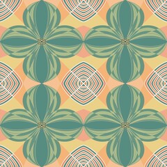 This seamless pattern features large, stylized green floral motifs with curved petals, set against a geometric background of diamonds and concentric squares in earthy peach, beige, and pink tones.
