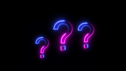 Neon question mark icon blue color illustration, On black background 4k.