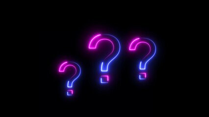 Neon question mark icon blue color illustration, On black background 4k.