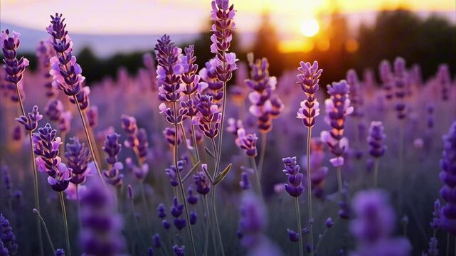Blooming lavender in field against the sunset sun rays. Beautiful purple lavender flowers, summer nature background. Romantic floral, blooming fields