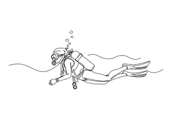 Fototapeta premium Elegant Female Scuba Diver in Continuous Line Art, Black and Whi