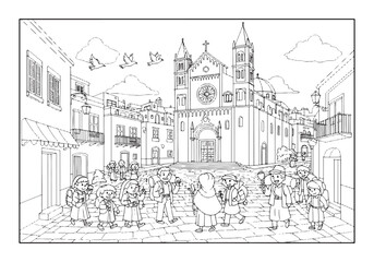 Obraz premium Pilgrimage to the Church, A Coloring Book Page for Children and