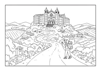 Obraz premium A Boy's Adventure, Coloring Book Page of a Trip to a Scenic Mona