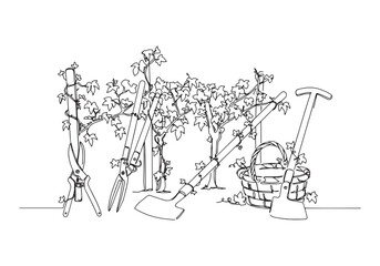 Fototapeta premium Elegant vineyard tools continuous line drawing showcasing winema
