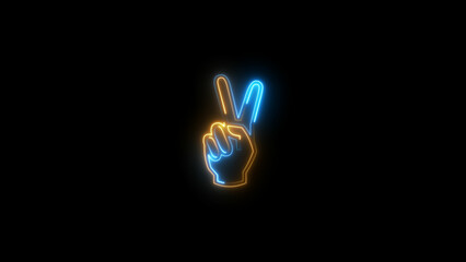 Hand showing two finger icon isolated on dark background. Neon Hand gesture V sign for victory or winner concept background illustration.