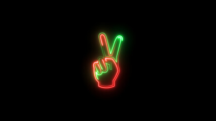 Hand showing two finger icon isolated on dark background. Neon Hand gesture V sign for victory or winner concept background illustration.