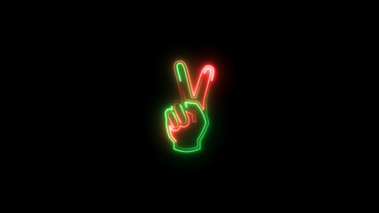 Hand showing two finger icon isolated on dark background. Neon Hand gesture V sign for victory or winner concept background illustration.