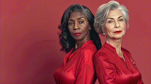 portrait of middle-aged women, elderly beautiful ladies of different nationalities, cultures on red background. Mature women models with different skin and hair colors. Beauty concept