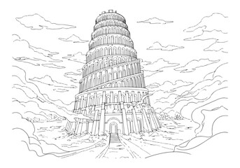 Tower of Babel in Coloring Book Style, A Detailed Black and Whit