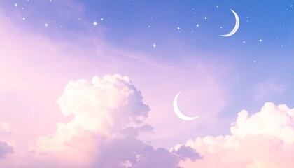 Dreamy abstract night sky with soft clouds, stars, and crescent moons, designed with pastel colors and gentle gradients