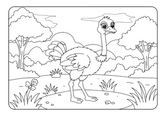 Delightful Ostrich in a Whimsical Landscape, A Coloring Book Adv