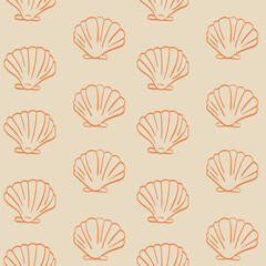 Orange vintage seashells seamless pattern, Vector hand drawn seashells background illustration. 