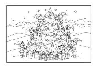 Obraz premium Charming christmas elves decorating a christmas tree coloring pa