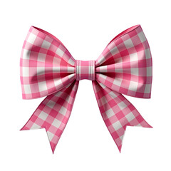 A pink and white gingham ribbon bow isolated isolated on transparent background