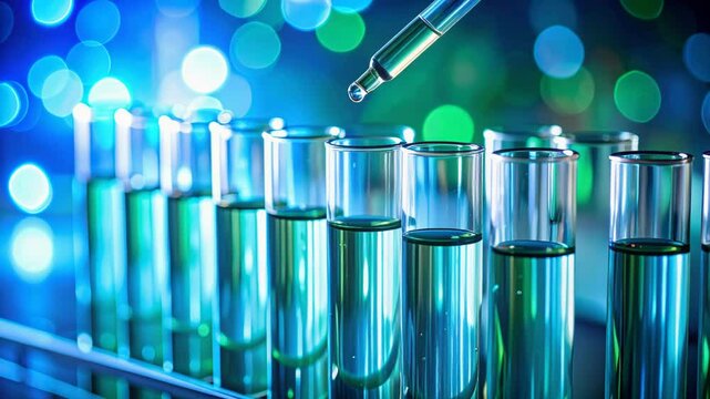 A pipette dispenses liquid into rows of glass test tubes, set against a vibrant, out-of-focus background.