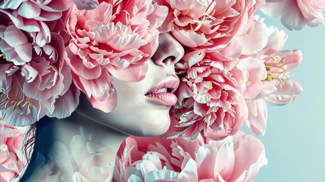 Creative layout, concept of female beauty, spring awakening, cosmetology, Double exposure of a woman's head and delicate pink peony flowers